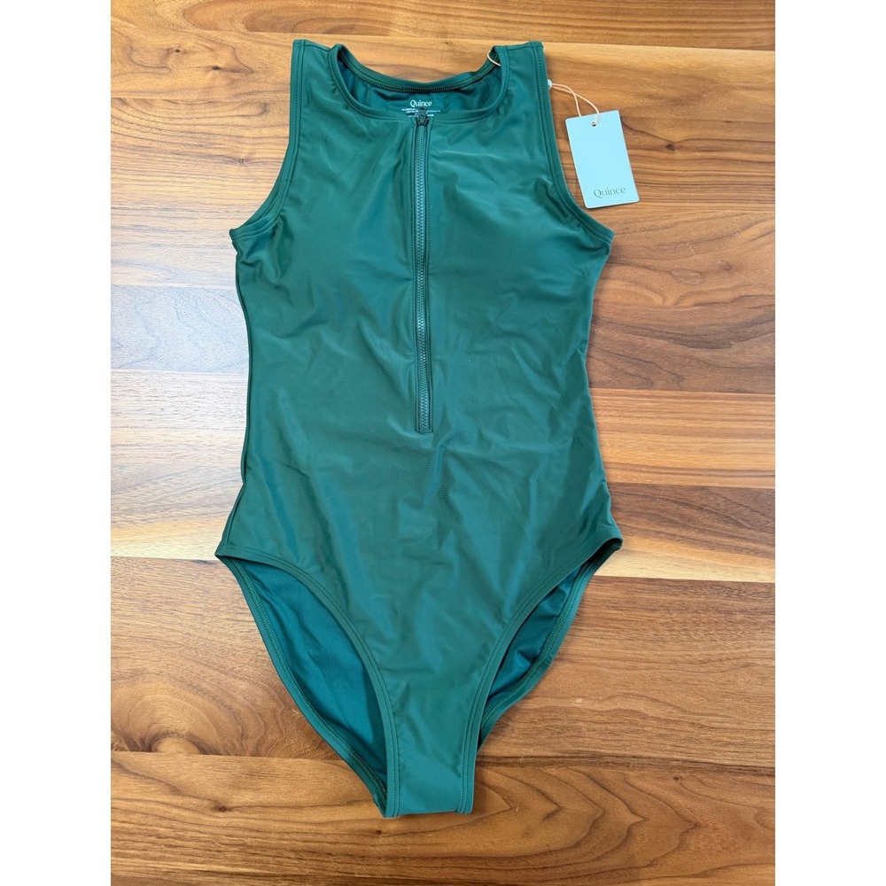 New Quince Italian Zip-Front One-Piece Swimsuit XS Green Athletic Modest - Picture 2 of 9